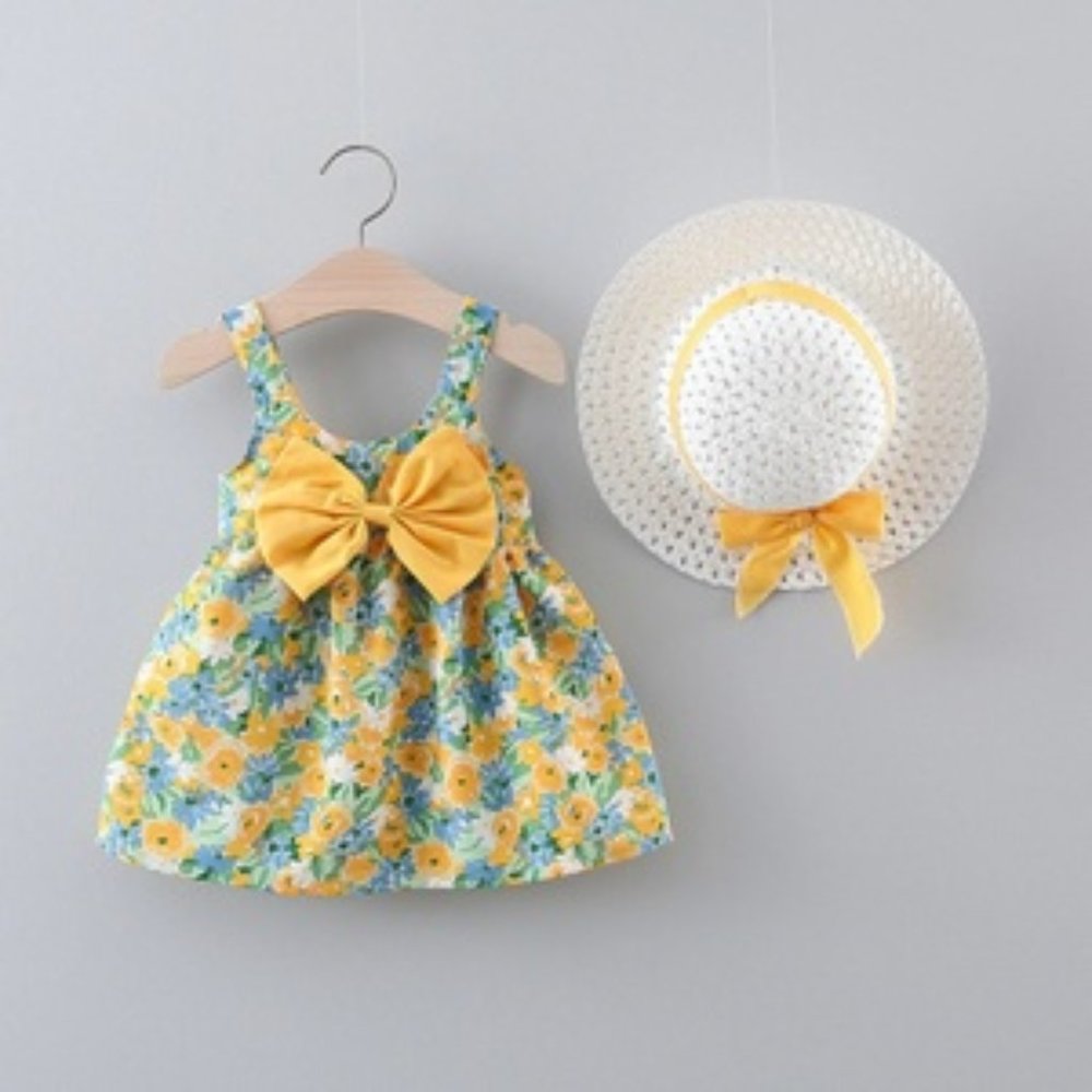 2Pcs/Set Flowers Baby Girl Dress & Hat (in Yellow, Pink and Peach/Orange)